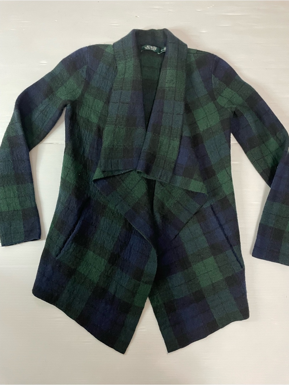 Lauren Ralph Lauren XS Green Blue Plaid 100% Wool Shawl Collar Sweater Cardigan